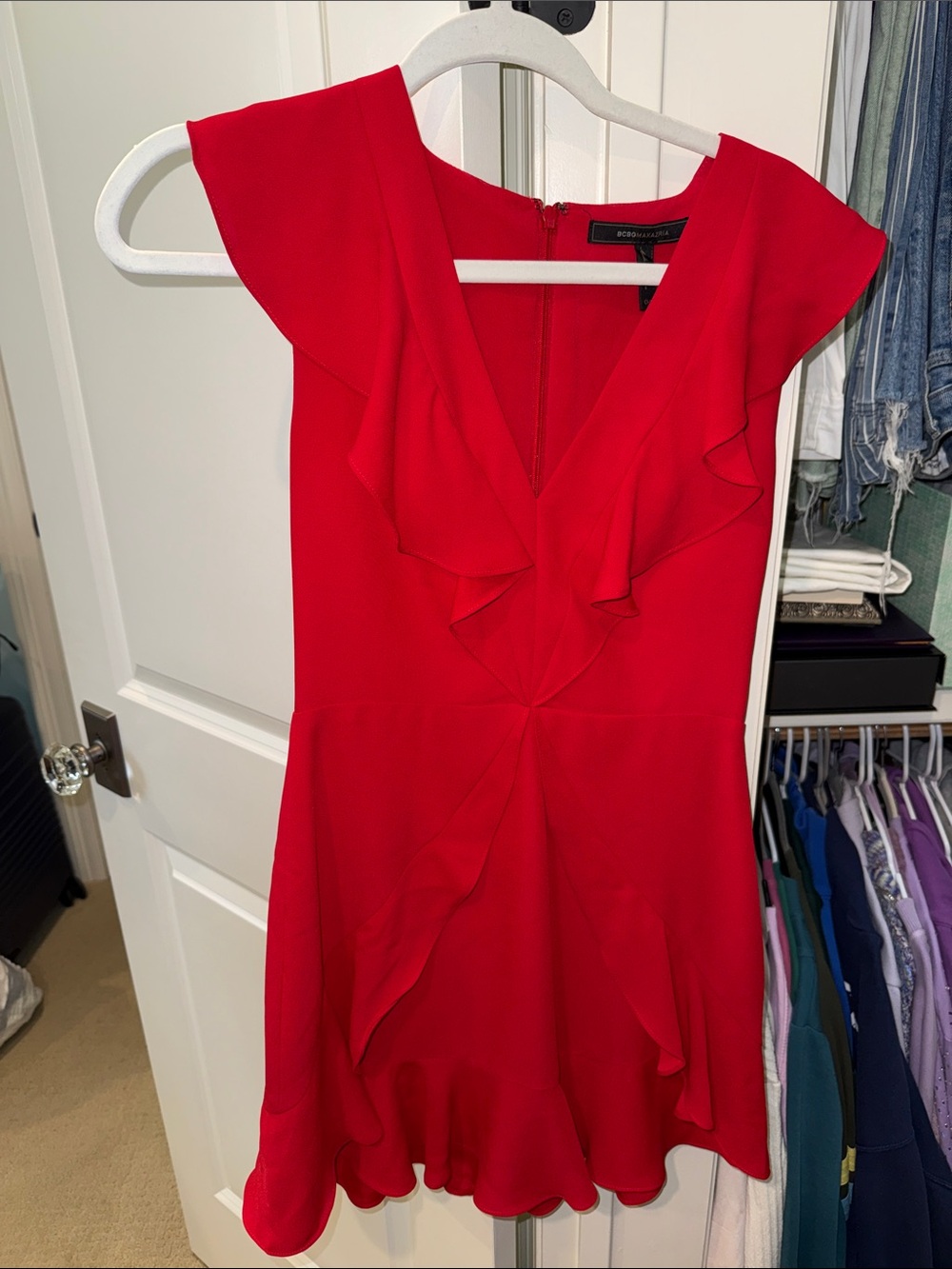 BCBGMaxAzria Red Ruffle V-Neck Mini Dress